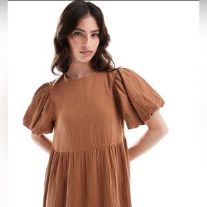 ASOS DESIGN double cloth midi smock dress with puff ball sleeves in Rust color
